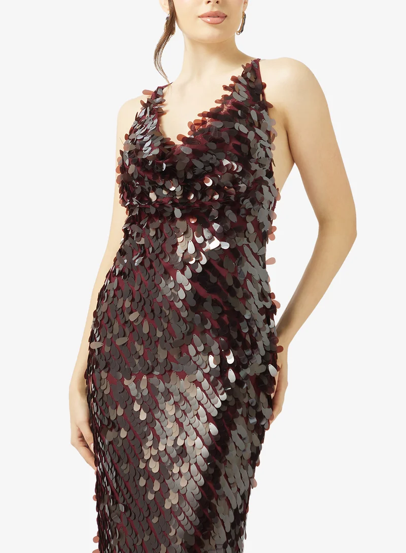 Ginger  Plunge Neck Sequin Embellished Evening Dress for Women | Best Price UAE